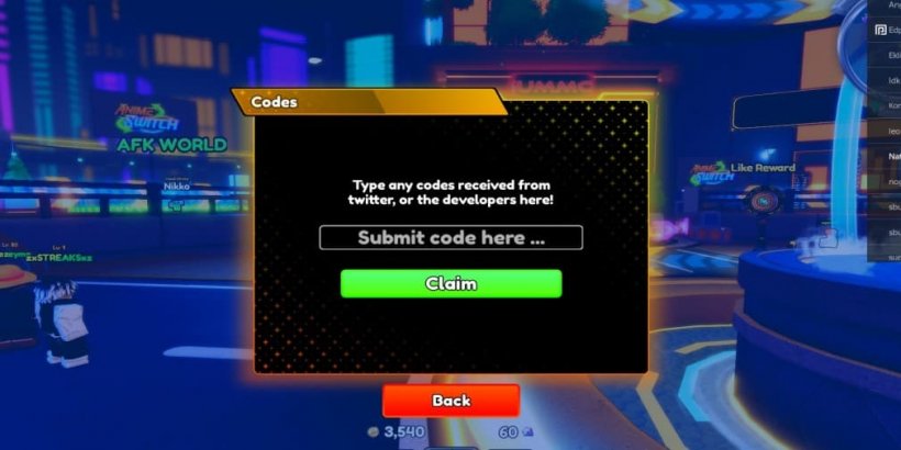 Anime Switch code redemption interface